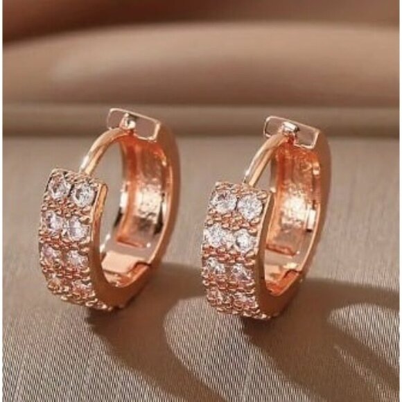 14k Rose Gold Plated Simulated Diamond Huggie Hoop Earrings - Picture 1 of 4